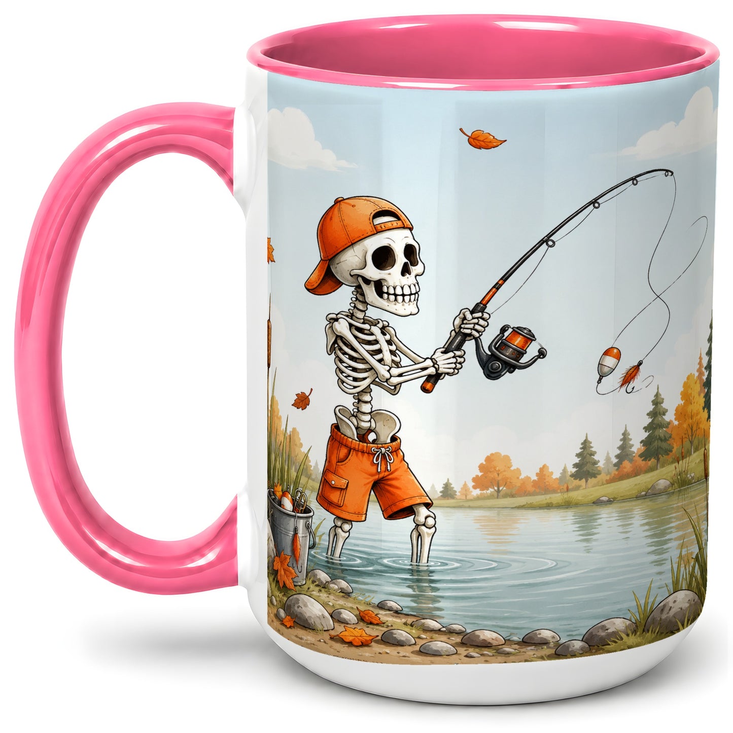 #pl[15oz|Pink] Skeleton Fishing Ceramic Mug, Autumn Lake Art for Fishing Fans