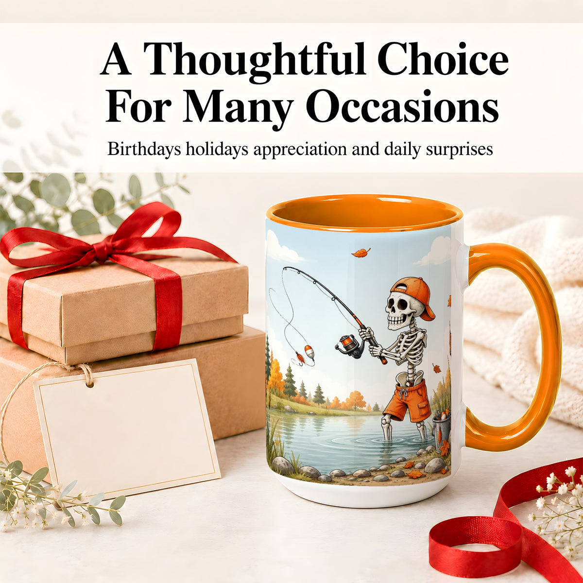 #pl[15oz|Orange] Skeleton Fishing Ceramic Mug, Autumn Lake Art for Fishing Fans