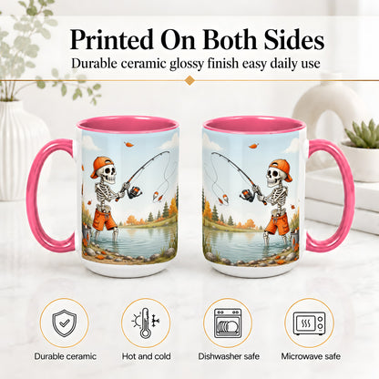 #pl[15oz|Pink] Skeleton Fishing Ceramic Mug, Autumn Lake Art for Fishing Fans