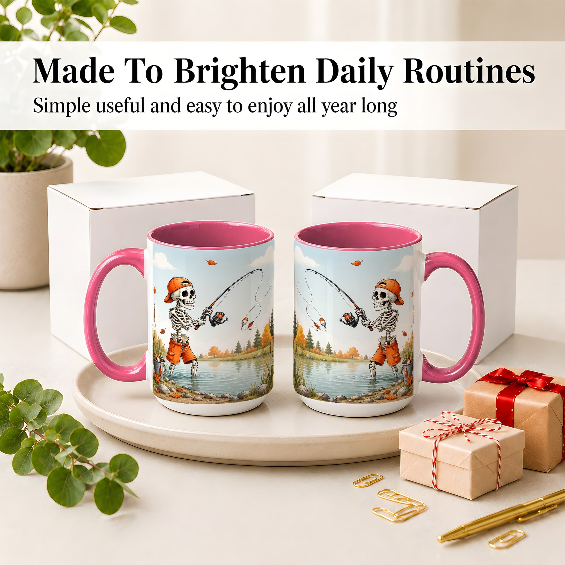 #pl[15oz|Pink] Skeleton Fishing Ceramic Mug, Autumn Lake Art for Fishing Fans