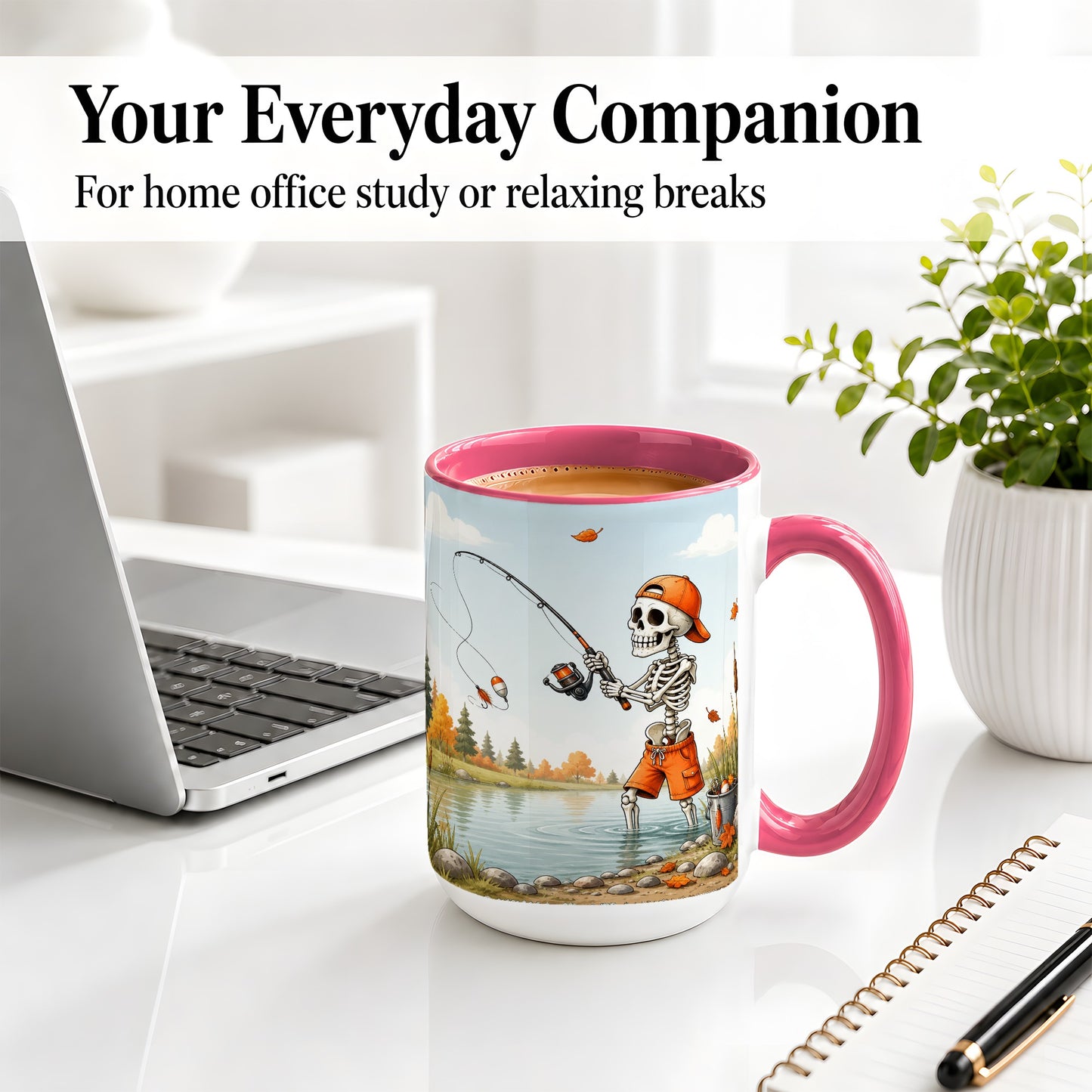 #pl[15oz|Pink] Skeleton Fishing Ceramic Mug, Autumn Lake Art for Fishing Fans