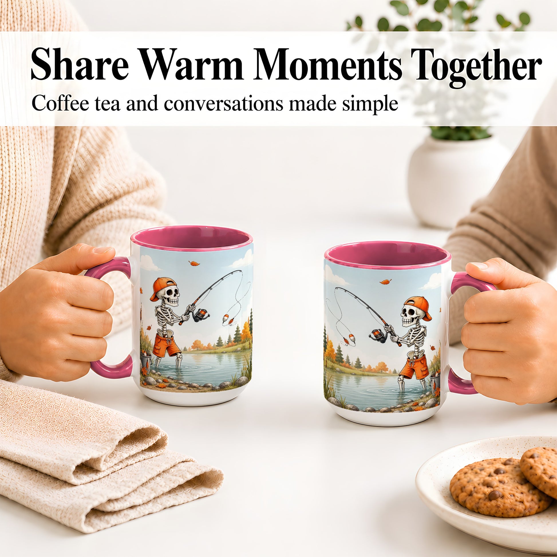 #pl[15oz|Pink] Skeleton Fishing Ceramic Mug, Autumn Lake Art for Fishing Fans