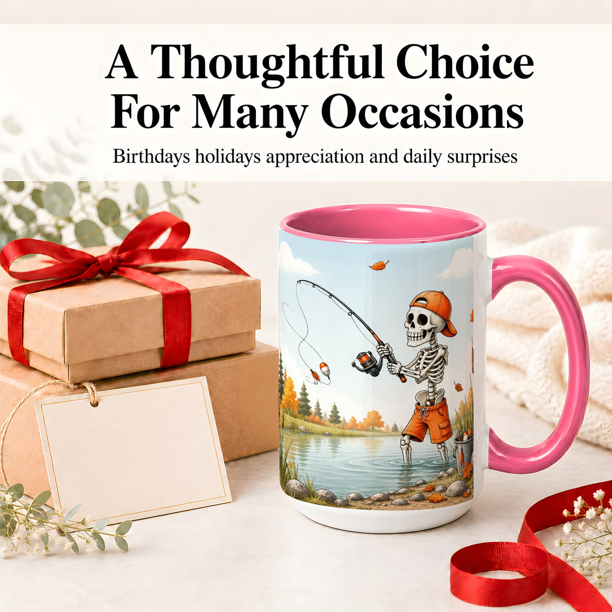 #pl[15oz|Pink] Skeleton Fishing Ceramic Mug, Autumn Lake Art for Fishing Fans