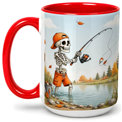 #pl[15oz|Red] Skeleton Fishing Ceramic Mug, Autumn Lake Art for Fishing Fans