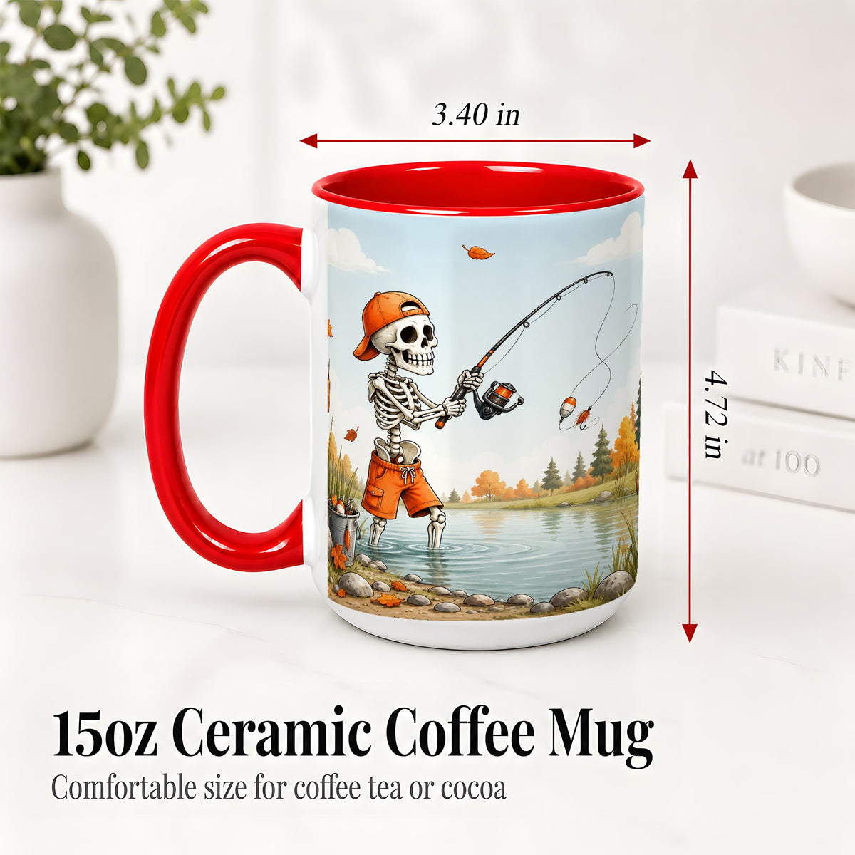 #pl[15oz|Red] Skeleton Fishing Ceramic Mug, Autumn Lake Art for Fishing Fans