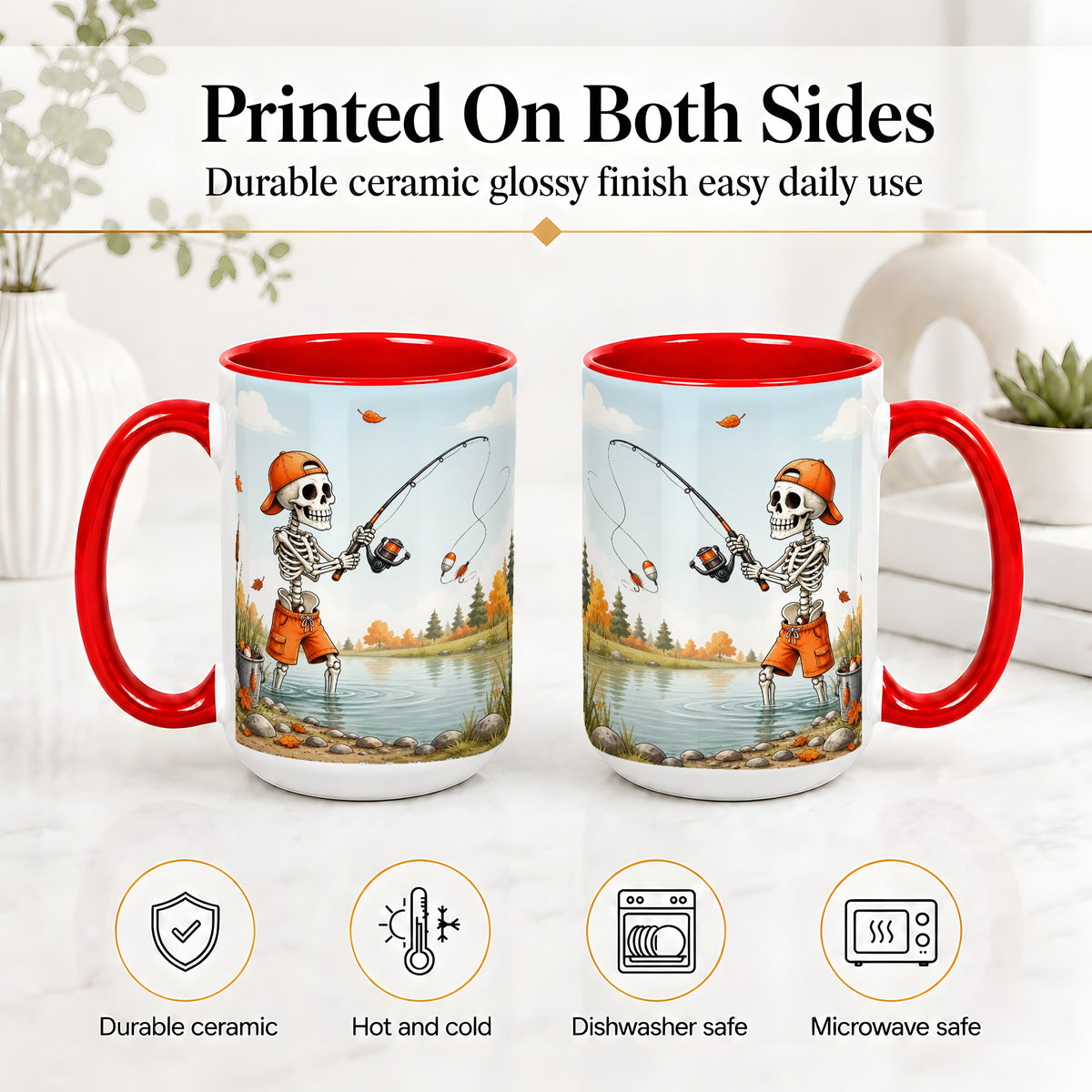 #pl[15oz|Red] Skeleton Fishing Ceramic Mug, Autumn Lake Art for Fishing Fans