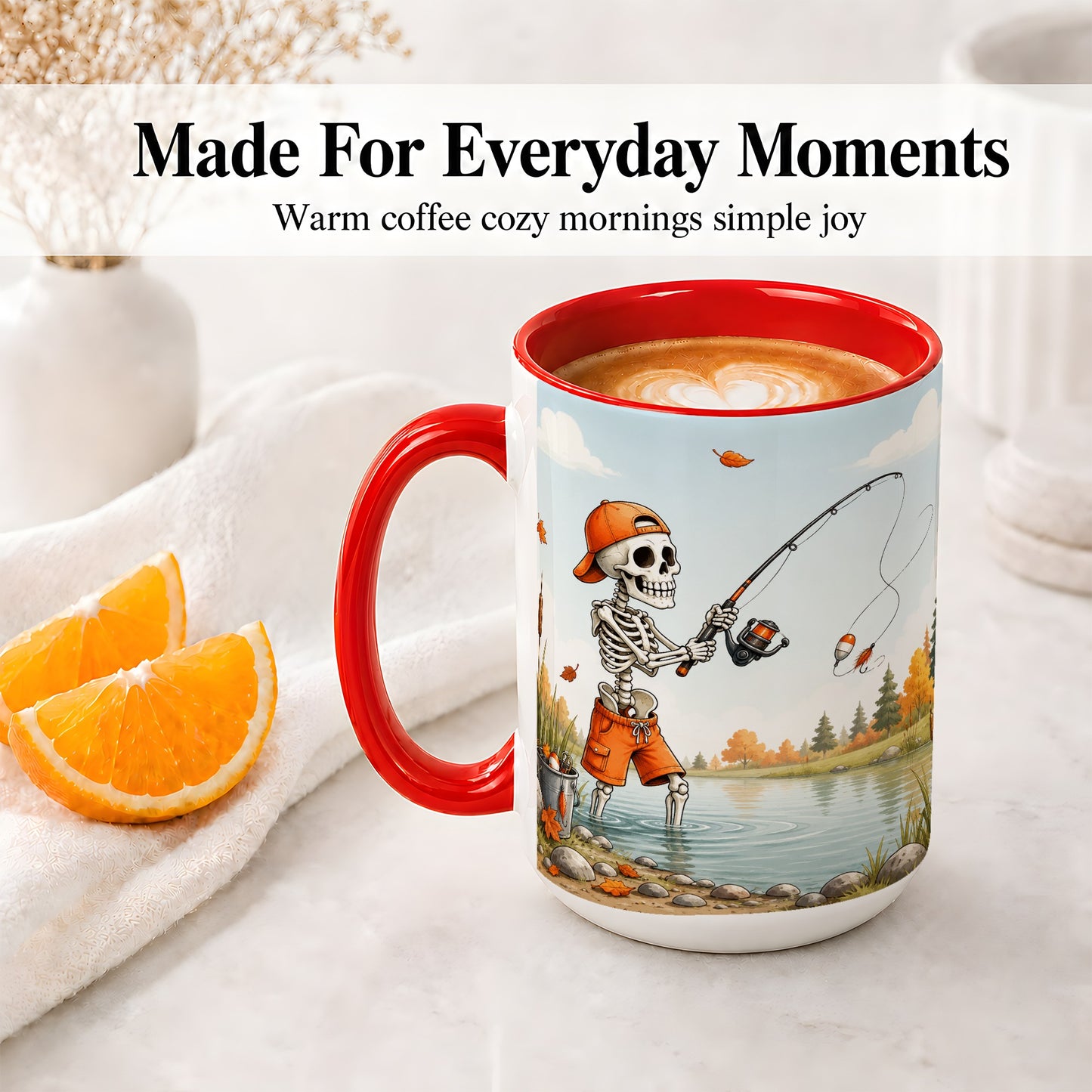 #pl[15oz|Red] Skeleton Fishing Ceramic Mug, Autumn Lake Art for Fishing Fans