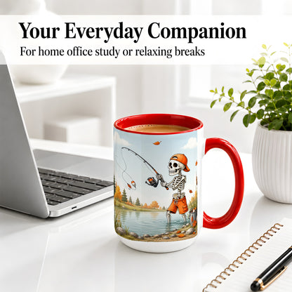 #pl[15oz|Red] Skeleton Fishing Ceramic Mug, Autumn Lake Art for Fishing Fans