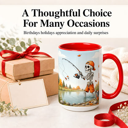 #pl[15oz|Red] Skeleton Fishing Ceramic Mug, Autumn Lake Art for Fishing Fans