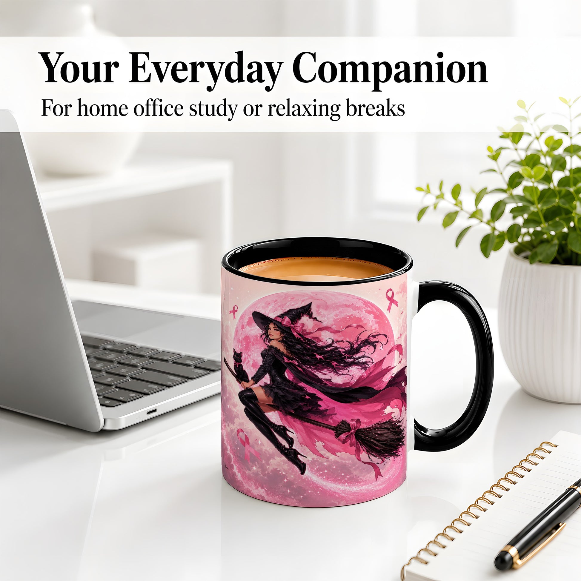 #pl[11oz|Black] Pink Ribbon Witch Ceramic Mug, Moon Cat Art for Awareness Supporters