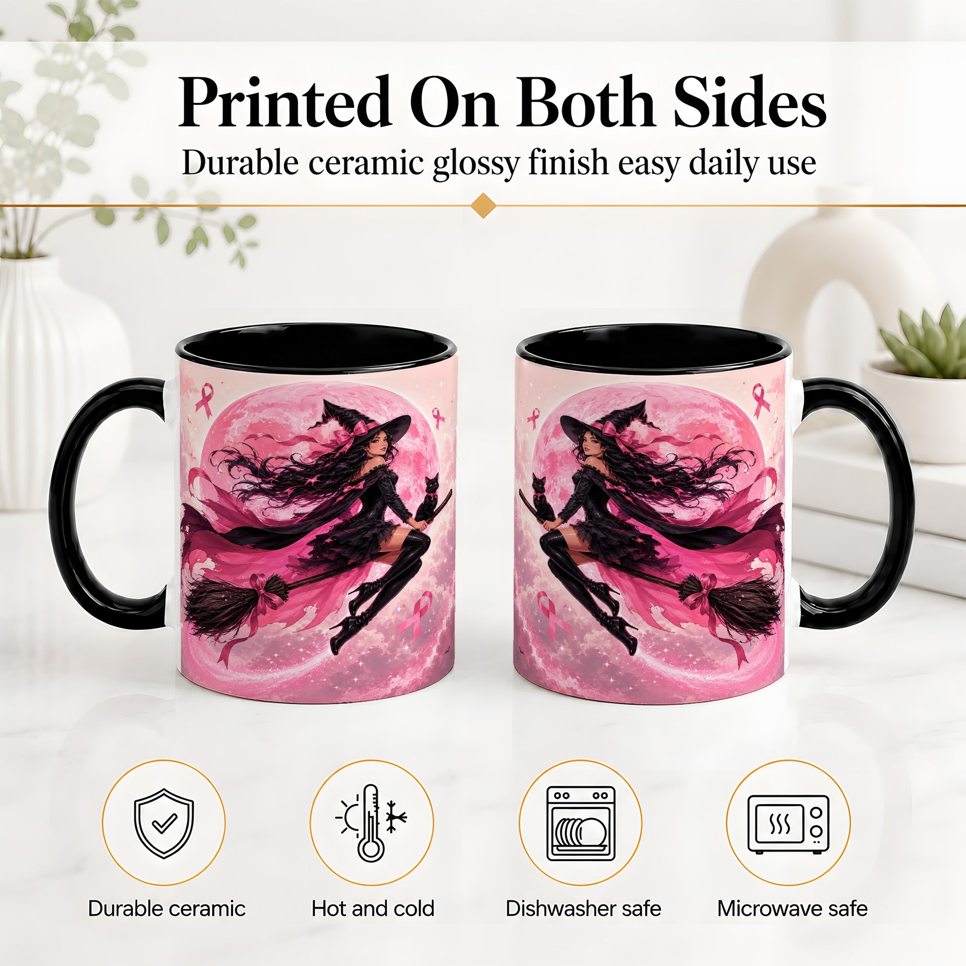 #pl[11oz|Black] Pink Ribbon Witch Ceramic Mug, Moon Cat Art for Awareness Supporters
