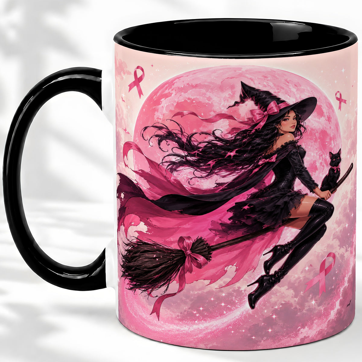 #pl[11oz|Black] Pink Ribbon Witch Ceramic Mug, Moon Cat Art for Awareness Supporters