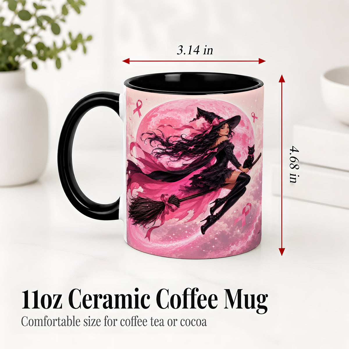 #pl[11oz|Black] Pink Ribbon Witch Ceramic Mug, Moon Cat Art for Awareness Supporters