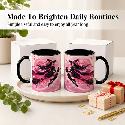 #pl[11oz|Black] Pink Ribbon Witch Ceramic Mug, Moon Cat Art for Awareness Supporters