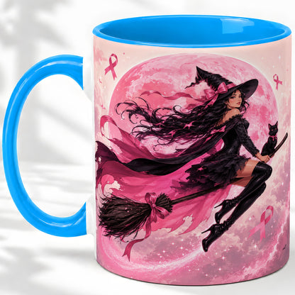 #pl[11oz|Blue] Pink Ribbon Witch Ceramic Mug, Moon Cat Art for Awareness Supporters