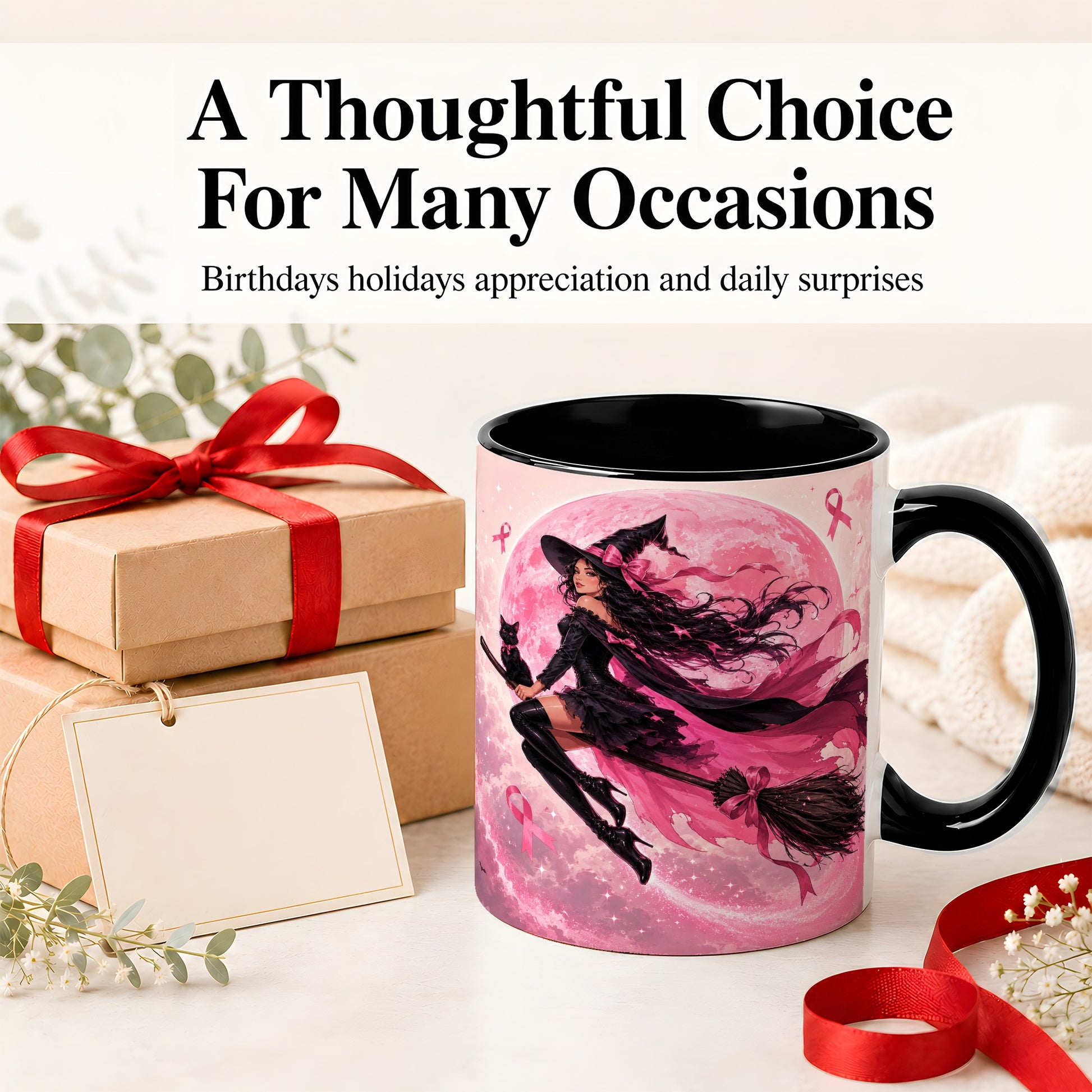#pl[11oz|Black] Pink Ribbon Witch Ceramic Mug, Moon Cat Art for Awareness Supporters