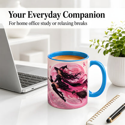 #pl[11oz|Blue] Pink Ribbon Witch Ceramic Mug, Moon Cat Art for Awareness Supporters
