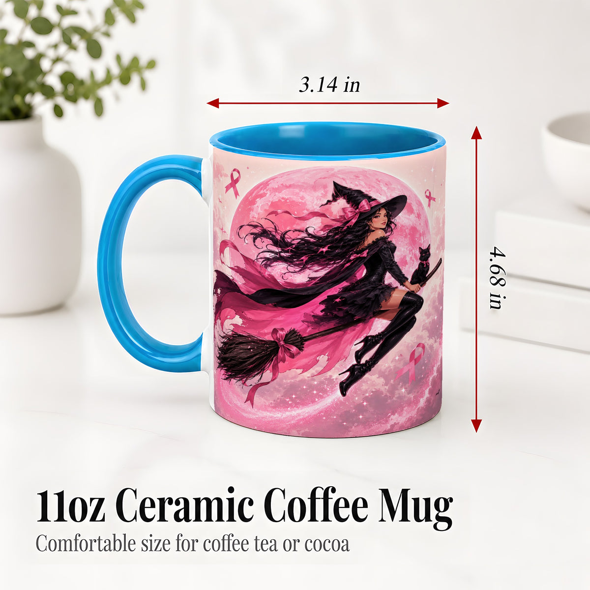 #pl[11oz|Blue] Pink Ribbon Witch Ceramic Mug, Moon Cat Art for Awareness Supporters