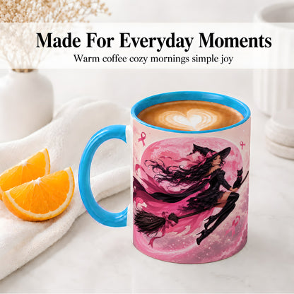 #pl[11oz|Blue] Pink Ribbon Witch Ceramic Mug, Moon Cat Art for Awareness Supporters