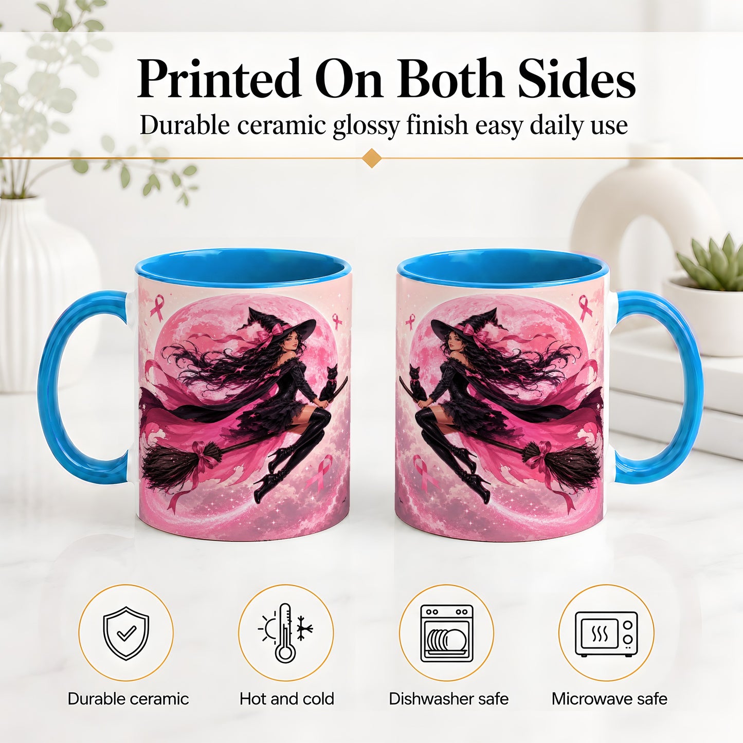#pl[11oz|Blue] Pink Ribbon Witch Ceramic Mug, Moon Cat Art for Awareness Supporters
