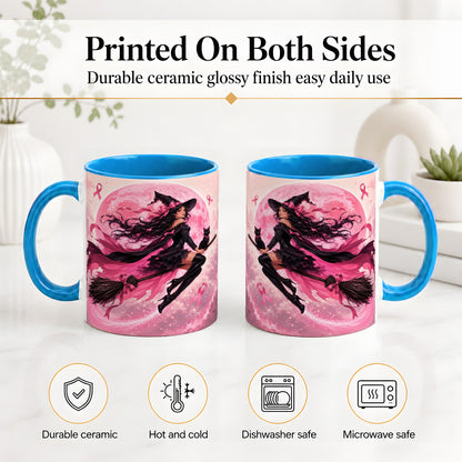 #pl[11oz|Blue] Pink Ribbon Witch Ceramic Mug, Moon Cat Art for Awareness Supporters