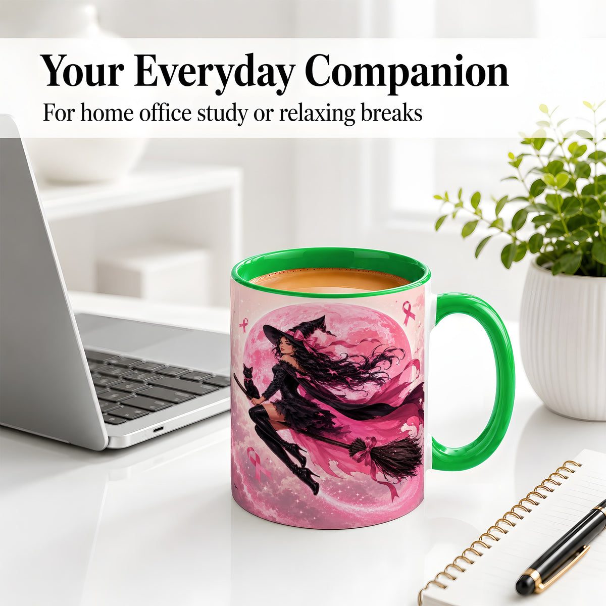 #pl[11oz|Green] Pink Ribbon Witch Ceramic Mug, Moon Cat Art for Awareness Supporters