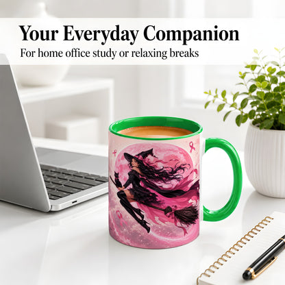 #pl[11oz|Green] Pink Ribbon Witch Ceramic Mug, Moon Cat Art for Awareness Supporters