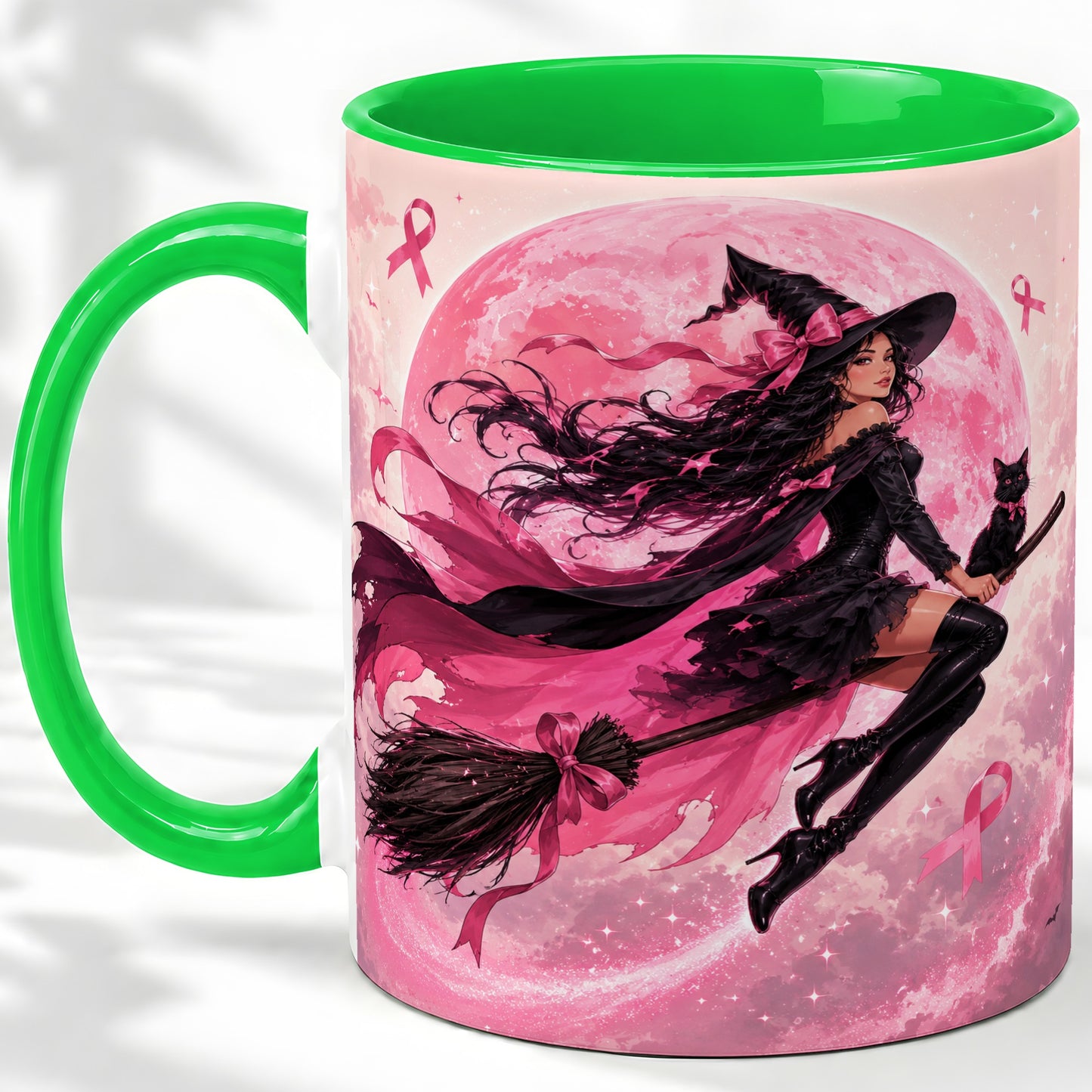 #pl[11oz|Green] Pink Ribbon Witch Ceramic Mug, Moon Cat Art for Awareness Supporters