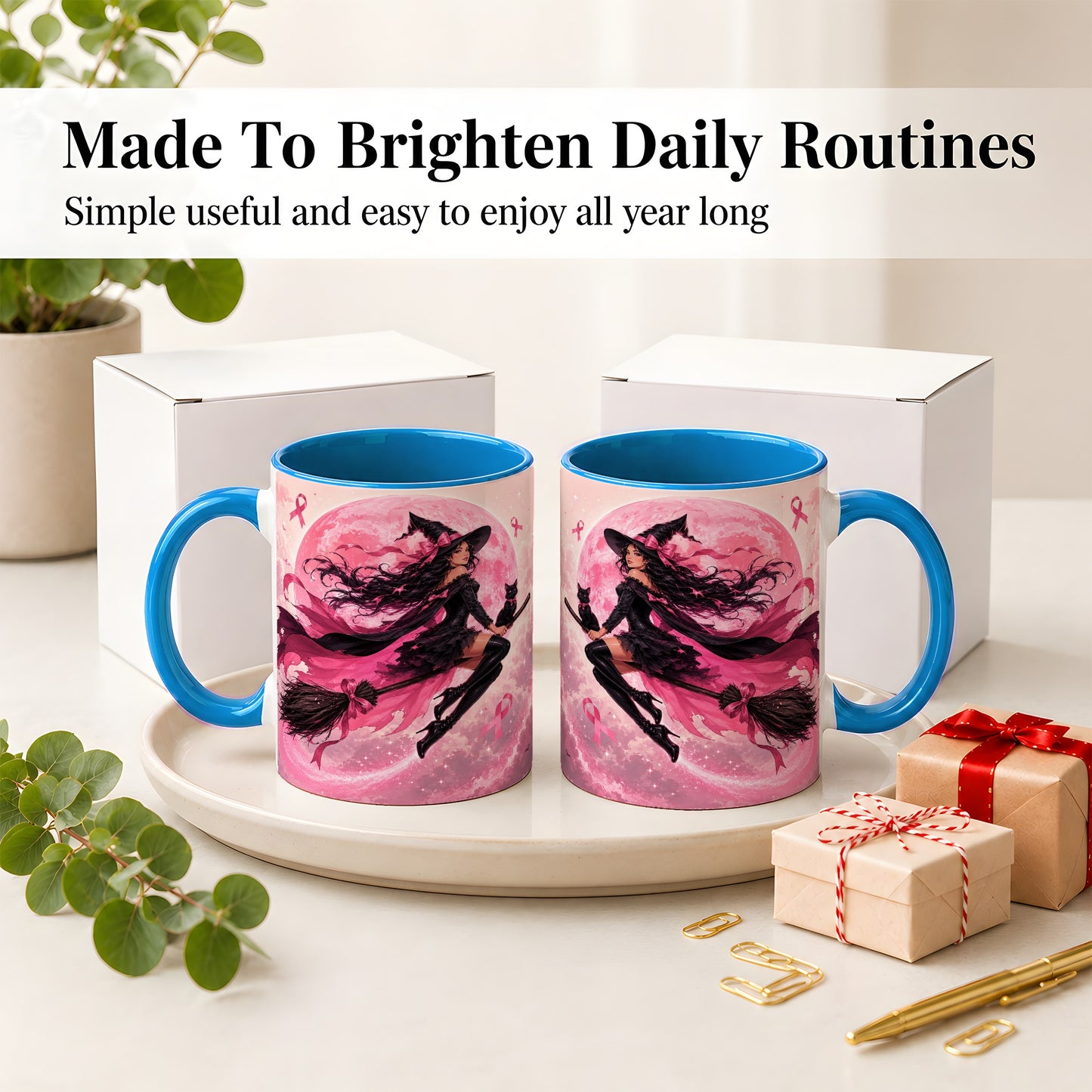 #pl[11oz|Blue] Pink Ribbon Witch Ceramic Mug, Moon Cat Art for Awareness Supporters