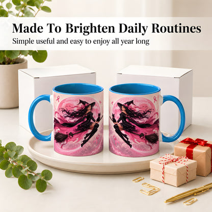 #pl[11oz|Blue] Pink Ribbon Witch Ceramic Mug, Moon Cat Art for Awareness Supporters