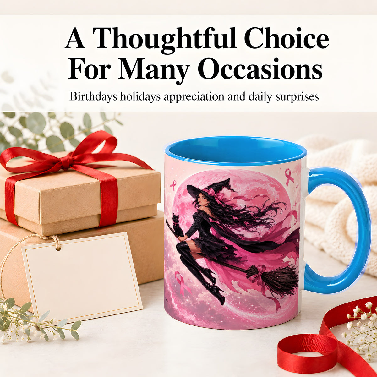 #pl[11oz|Blue] Pink Ribbon Witch Ceramic Mug, Moon Cat Art for Awareness Supporters