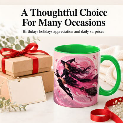 #pl[11oz|Green] Pink Ribbon Witch Ceramic Mug, Moon Cat Art for Awareness Supporters
