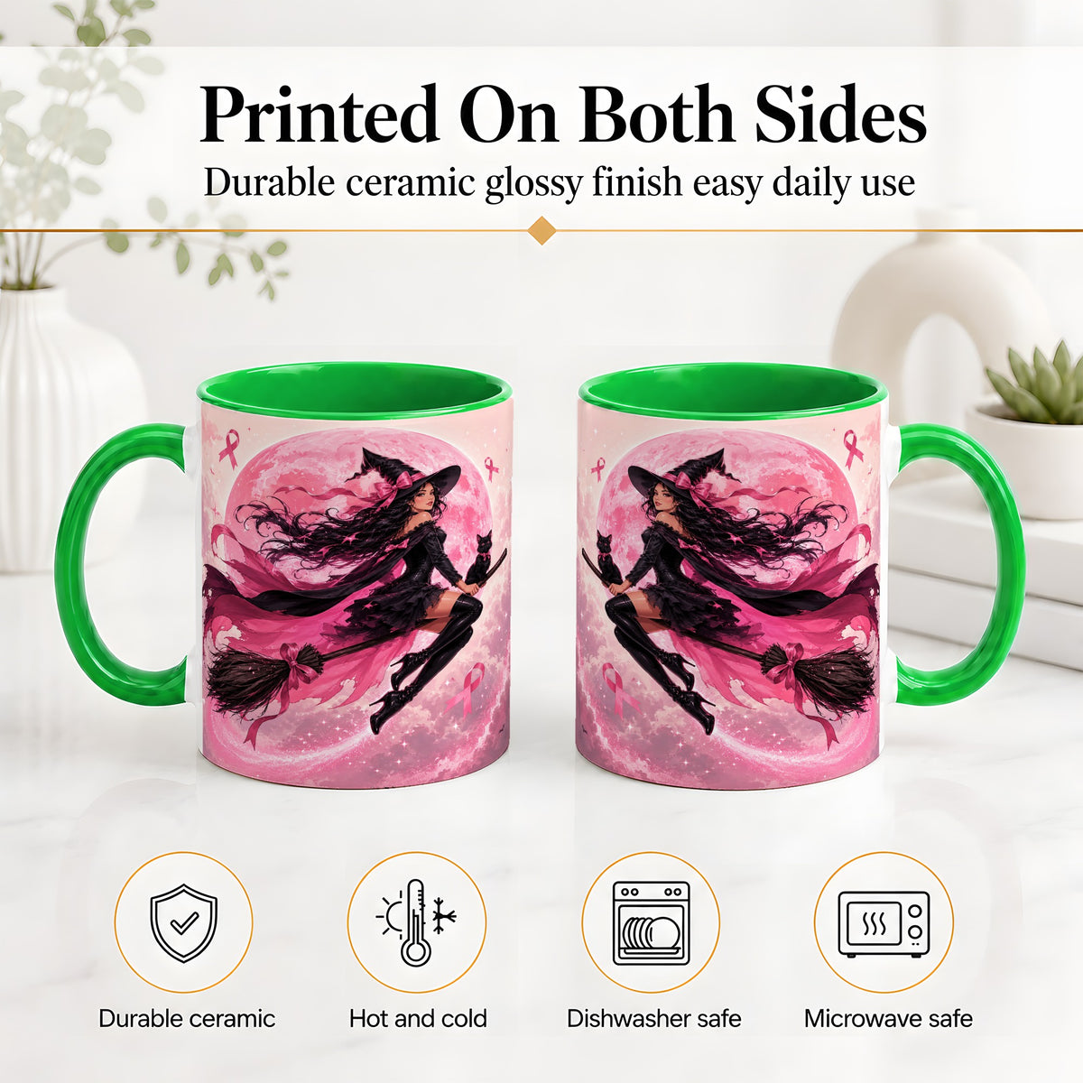#pl[11oz|Green] Pink Ribbon Witch Ceramic Mug, Moon Cat Art for Awareness Supporters