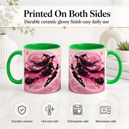 #pl[11oz|Green] Pink Ribbon Witch Ceramic Mug, Moon Cat Art for Awareness Supporters