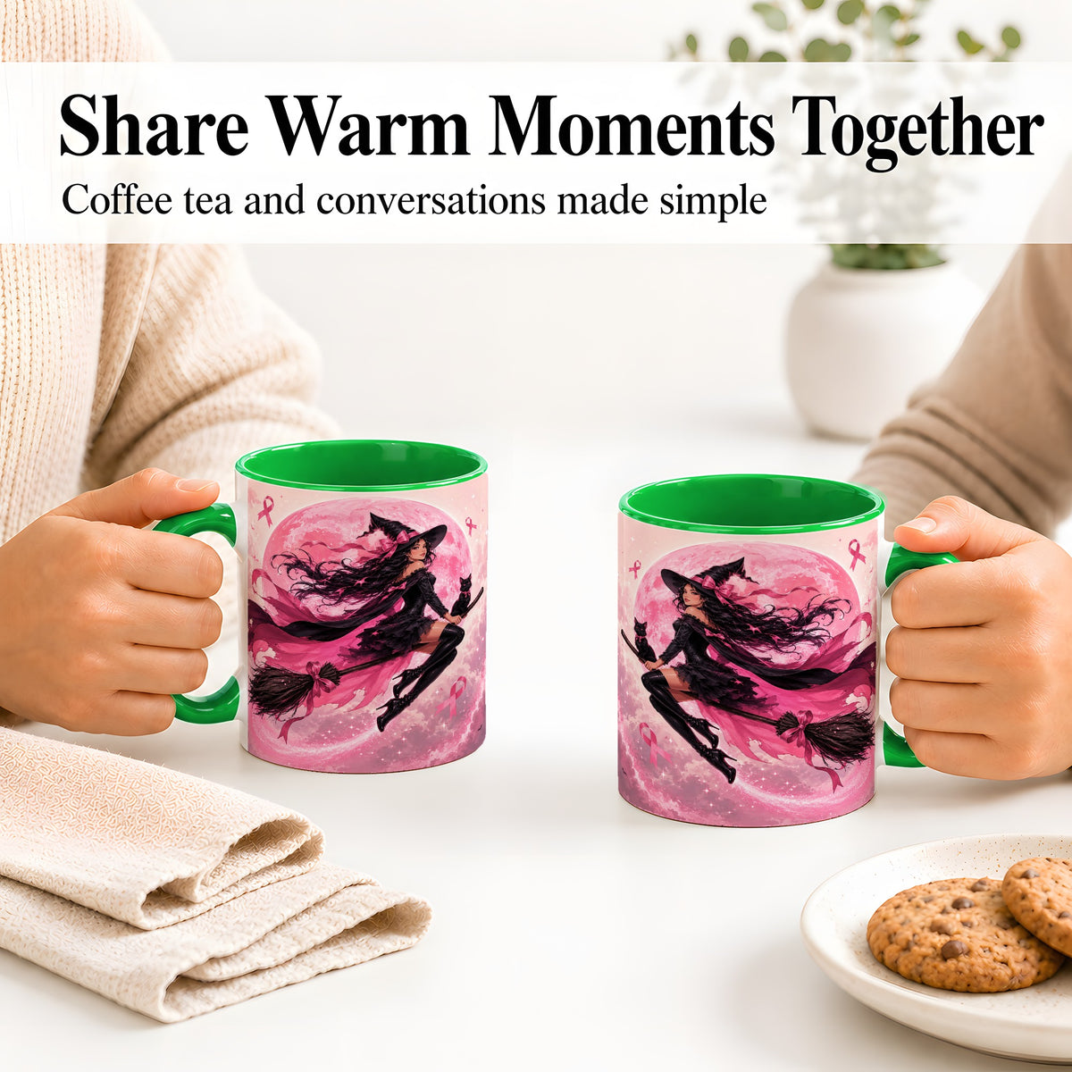 #pl[11oz|Green] Pink Ribbon Witch Ceramic Mug, Moon Cat Art for Awareness Supporters