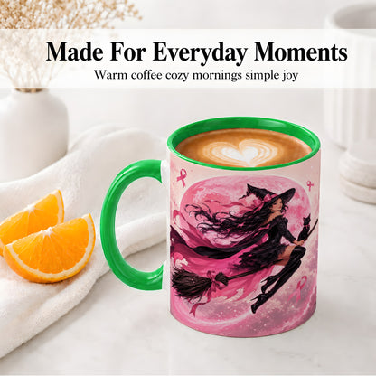 #pl[11oz|Green] Pink Ribbon Witch Ceramic Mug, Moon Cat Art for Awareness Supporters