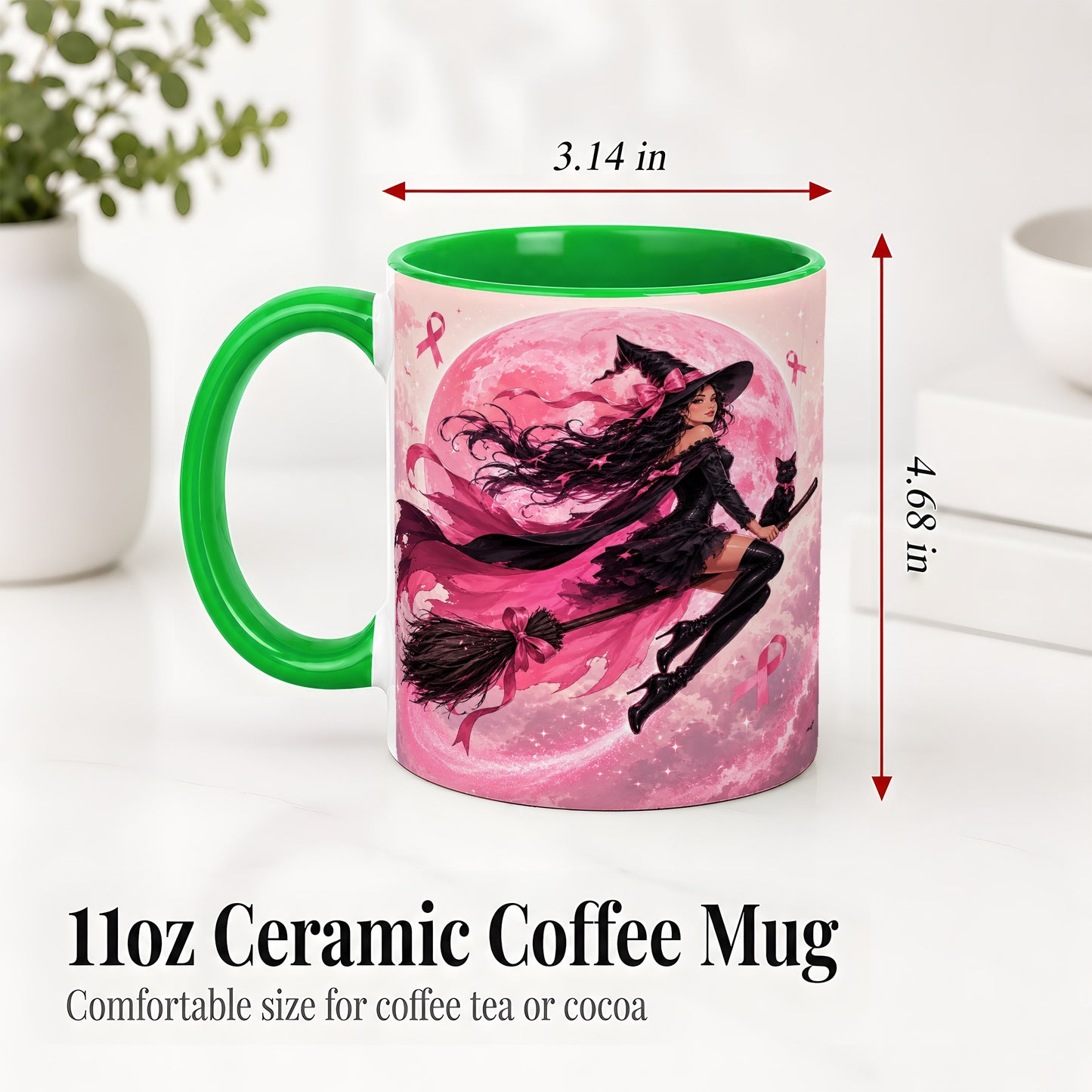 #pl[11oz|Green] Pink Ribbon Witch Ceramic Mug, Moon Cat Art for Awareness Supporters