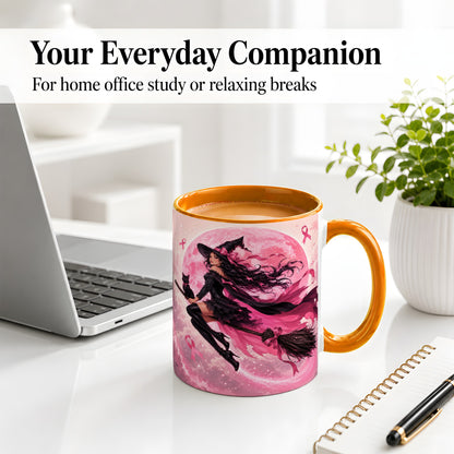 #pl[11oz|Orange] Pink Ribbon Witch Ceramic Mug, Moon Cat Art for Awareness Supporters