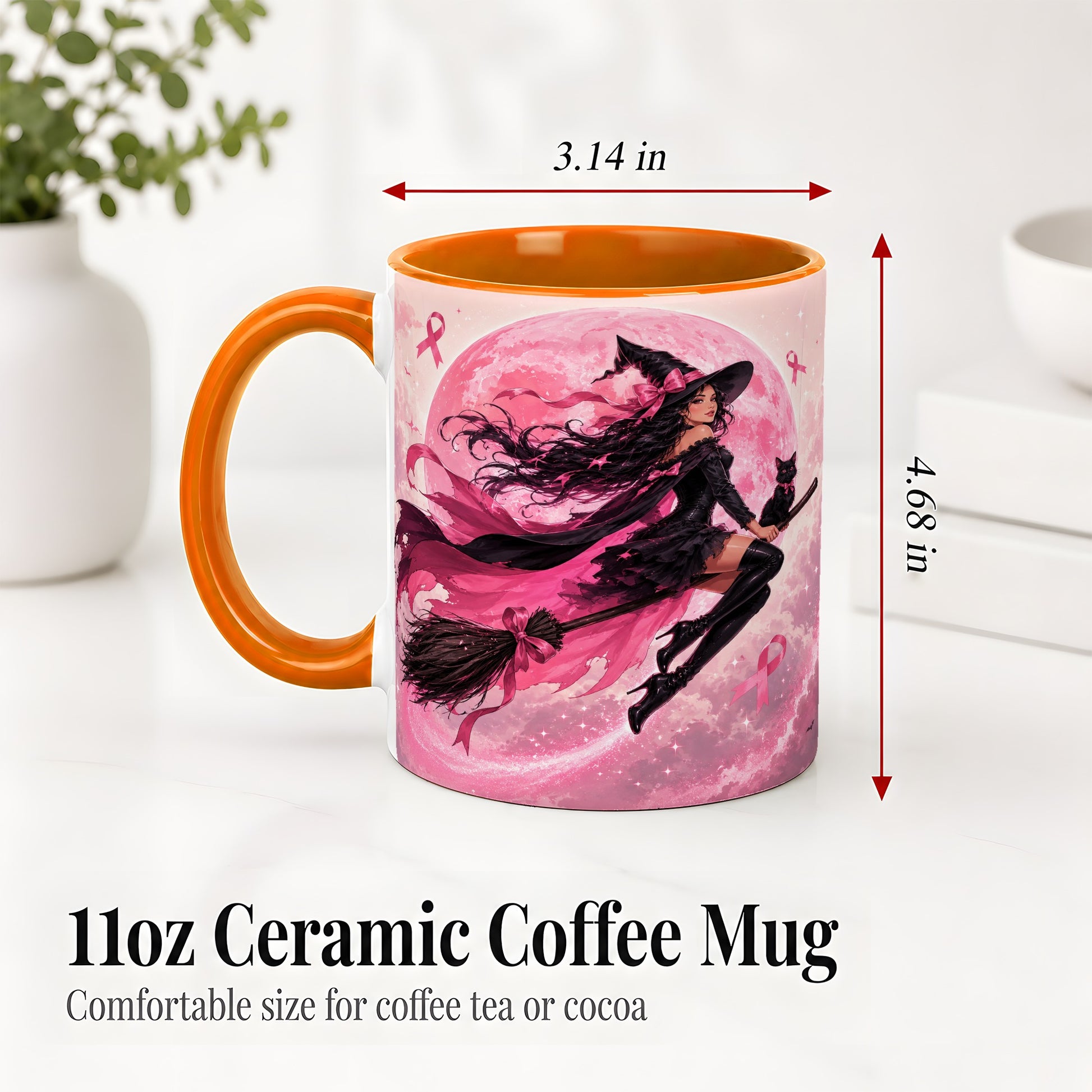 #pl[11oz|Orange] Pink Ribbon Witch Ceramic Mug, Moon Cat Art for Awareness Supporters