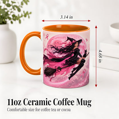 #pl[11oz|Orange] Pink Ribbon Witch Ceramic Mug, Moon Cat Art for Awareness Supporters