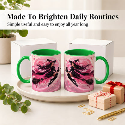 #pl[11oz|Green] Pink Ribbon Witch Ceramic Mug, Moon Cat Art for Awareness Supporters