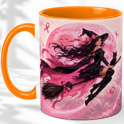 #pl[11oz|Orange] Pink Ribbon Witch Ceramic Mug, Moon Cat Art for Awareness Supporters
