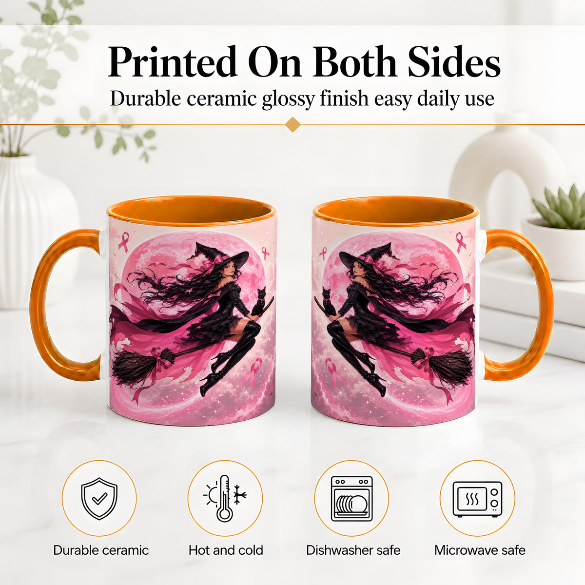 #pl[11oz|Orange] Pink Ribbon Witch Ceramic Mug, Moon Cat Art for Awareness Supporters