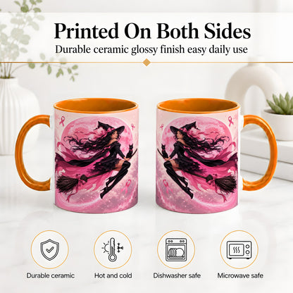 #pl[11oz|Orange] Pink Ribbon Witch Ceramic Mug, Moon Cat Art for Awareness Supporters