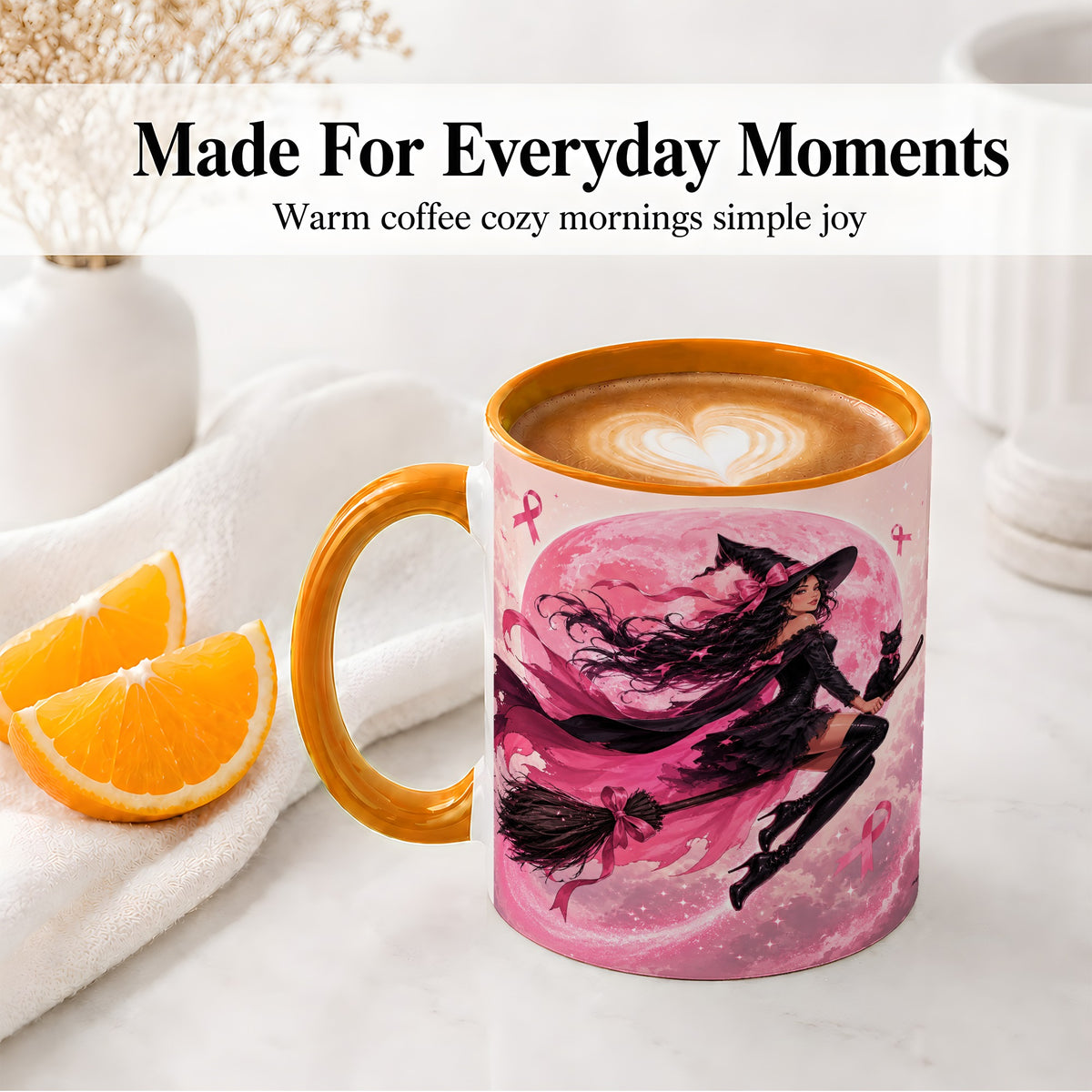 #pl[11oz|Orange] Pink Ribbon Witch Ceramic Mug, Moon Cat Art for Awareness Supporters