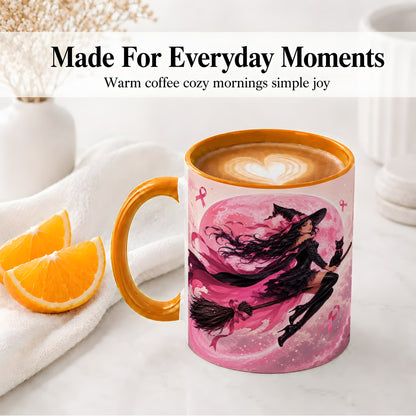 #pl[11oz|Orange] Pink Ribbon Witch Ceramic Mug, Moon Cat Art for Awareness Supporters