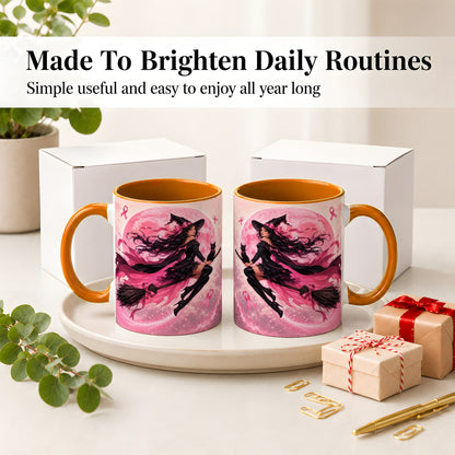 #pl[11oz|Orange] Pink Ribbon Witch Ceramic Mug, Moon Cat Art for Awareness Supporters