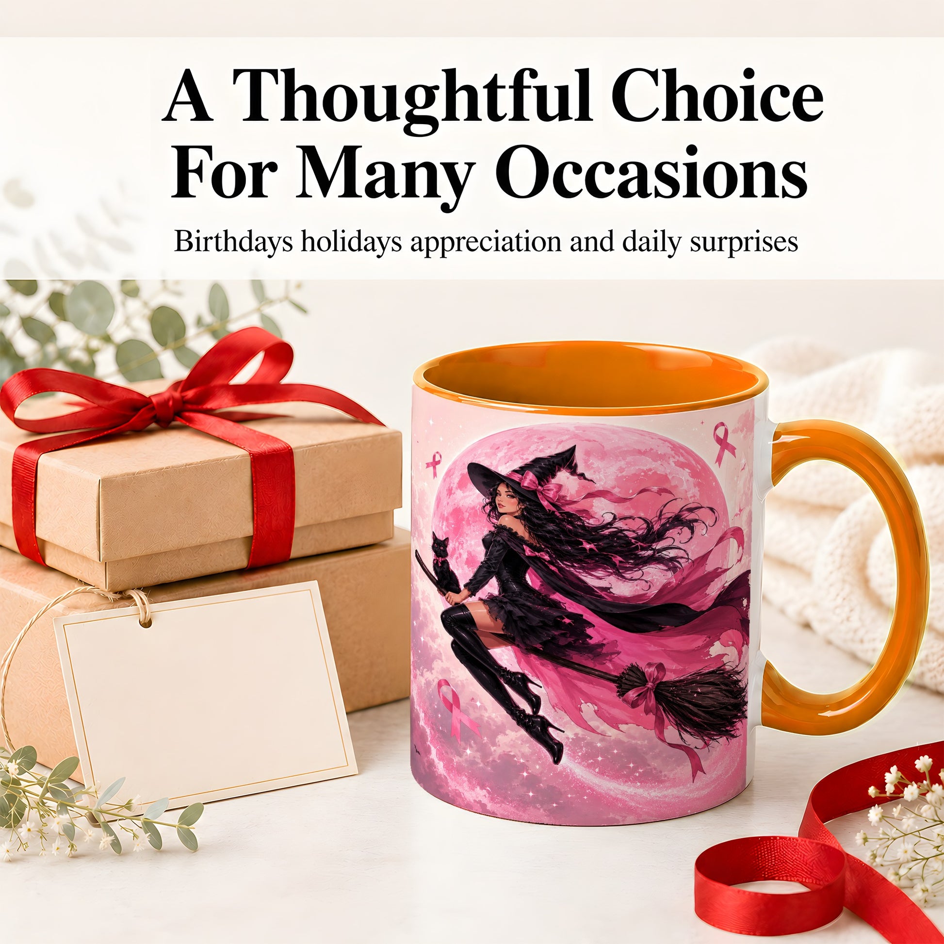 #pl[11oz|Orange] Pink Ribbon Witch Ceramic Mug, Moon Cat Art for Awareness Supporters