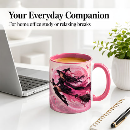 #pl[11oz|Pink] Pink Ribbon Witch Ceramic Mug, Moon Cat Art for Awareness Supporters