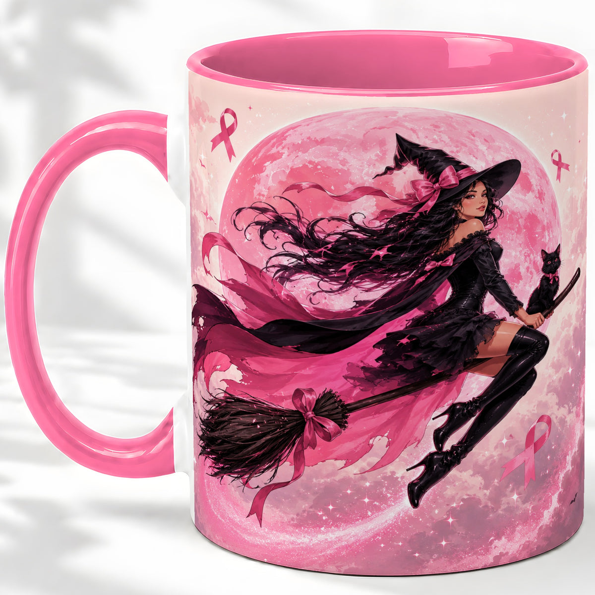 #pl[11oz|Pink] Pink Ribbon Witch Ceramic Mug, Moon Cat Art for Awareness Supporters